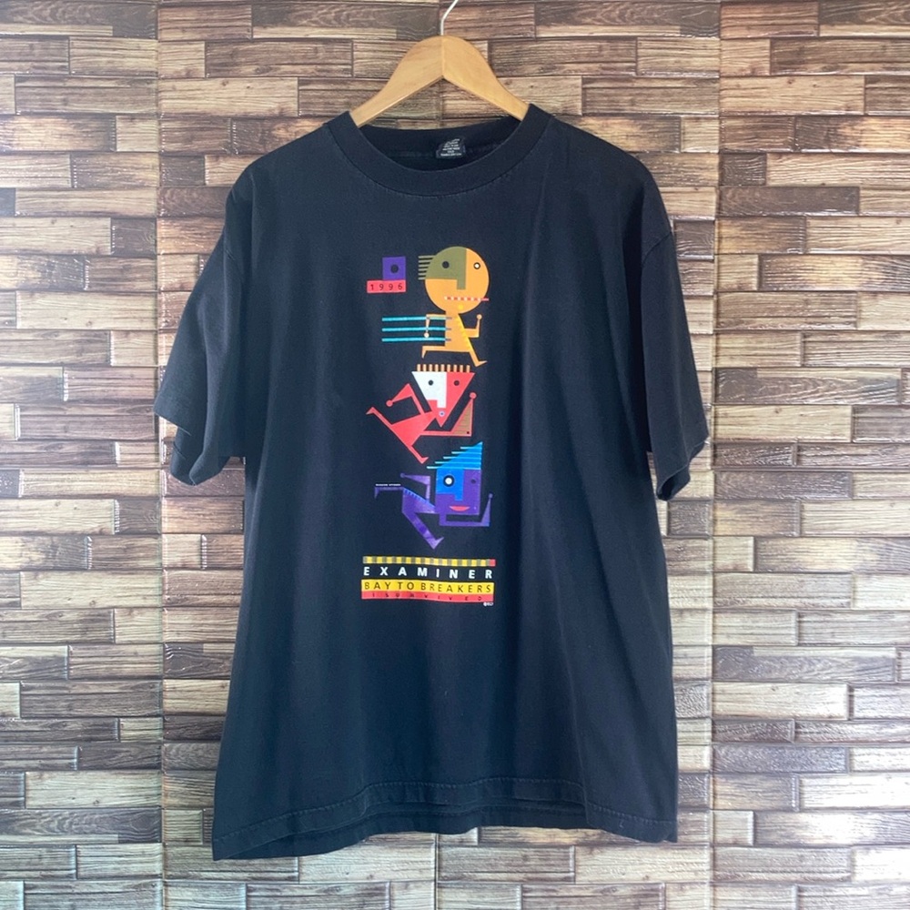 Vintage Examiner Bay To Breakers Shirt Mens XL Black Running Abstract 1996 Tee